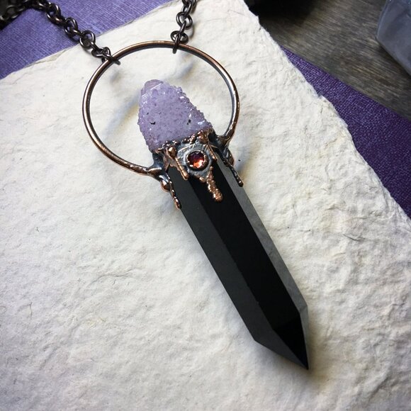 Obsidian, Spirit Amethyst Necklace in Electroformed Copper | Evening Star Amulet - Picture 12 of 12